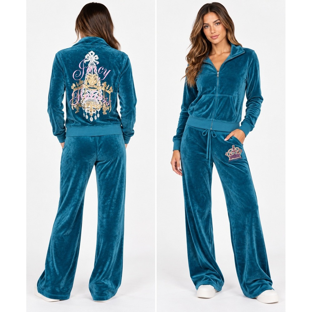 Vtg Juicy Couture Y2K Tracksuit Set L/XL Teal Velour Sequins McBling Loungewear